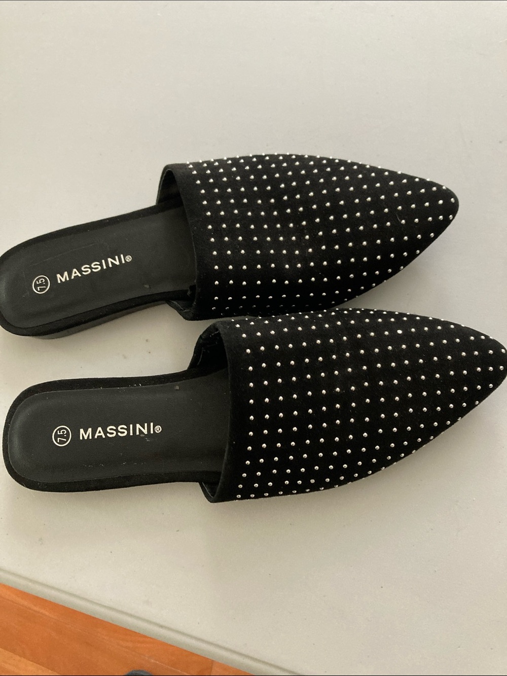 Massini Black Studded Pointed Mules with Silver Accents